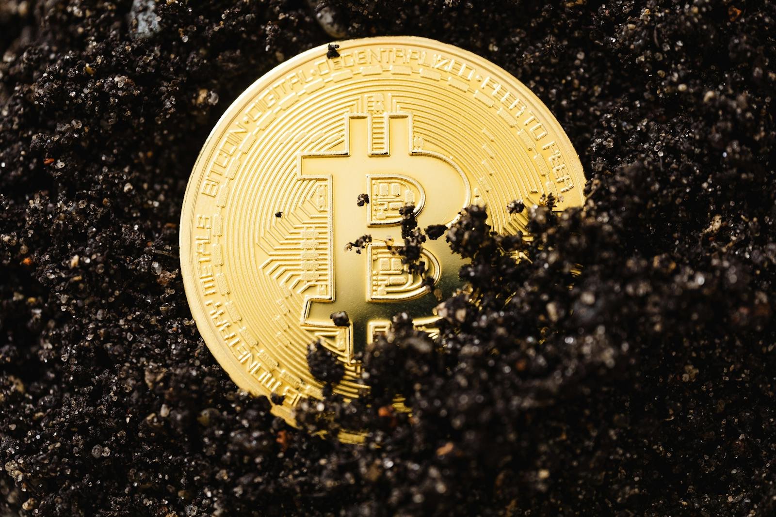 A gold Bitcoin coin partially buried in dark soil symbolizing digital currency growth.